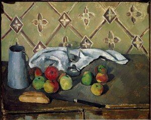 Meyve, peçete ve süt kutusu - Tuval üzerine yağlı boya by Paul Cézanne