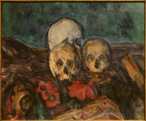 Doğu halısı üzerinde üç deri Tablo Paul Cezanne (1839-1906) 1898 Solothurn. Sanat Müzesi. - Doğu halısı üzerinde üç kafatası. Paul Cezanne