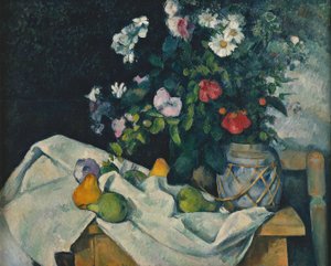 Zencefil ve meyve kavanozunda çiçekler by Paul Cézanne