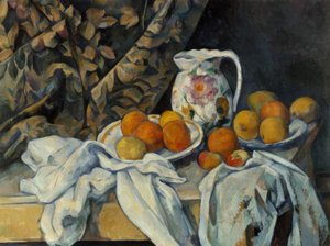 Perde ve çiçekli sürahi ile natürmort by Paul Cézanne