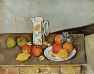 Natürmort: bir masada süt sürahisi ve meyve by Paul Cézanne