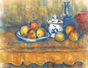Mavi şişe, şekerlik ve elma ile natürmort, 1900-1902. by Paul Cézanne
