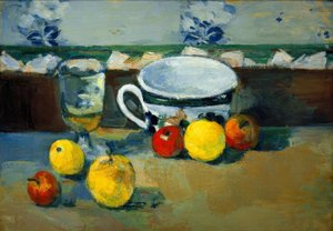 Fincan, cam ve meyveler II by Paul Cézanne
