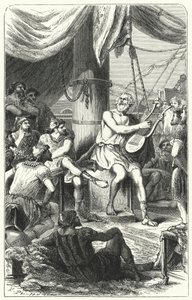 Homer yabancı denizcileri bir şarkıyla eğlendiriyor (gravür) by Paul Dominique Philippoteaux