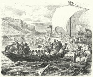 Bir kıyıya inen Fenike gemileri (gravür) by Paul Dominique Philippoteaux