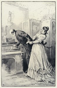 Anna Karenina için illüstrasyon: Karenina, karısının mektuplarını (lito) ele geçiriyor by Paul Frenzeny