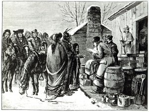 Hükümet ajanlarından erzak alan rezervasyon Kızılderilileri (gravür) by Paul Frenzeny