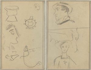 Bir Karikatür ve Beş Biçim; Profildeki Bir Adam, Kanatlı Bir Yaratık ve Bir Çocuk [verso] by Paul Gauguin