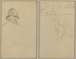 Arkadan Görülen Şapkalı Bir Adamın Başı; Ayakta Bir Kadın [rekto] by Paul Gauguin