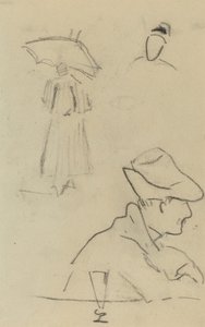 Şemsiye Tutan Bir Kişi ve Oturan, Şapkalı ve Bardaklı Bir Adam [versso] by Paul Gauguin