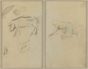 Bir domuz; Breton Köylü Diz çökmüş [verso] by Paul Gauguin