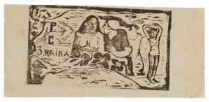 Çıplak Kadın Büstü ve Profilde Beyaz Başlıklı Üç Çeyrek Erkek Figürü, En Sağda Üçüncü Küçük Figür, Le sourire için başlık by Paul Gauguin