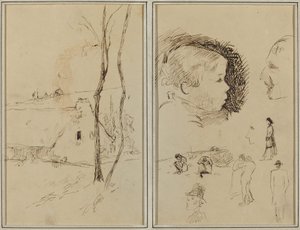 Bir Kulübe ile Peyzaj; Erkek Profili, Erkek Profili, Bir Manzarada İki Kadın ve Diğer Beş Çalışma [verso] by Paul Gauguin