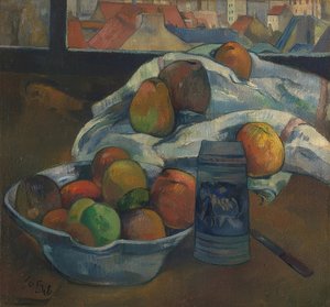 Pencerenin önünde meyve tabağı ve sürahi. Muhtemelen 1890 by Paul Gauguin