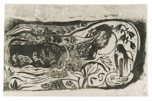 Geç Ahşap Blok Baskılar Süitinden Boynuzlu Şeytan Başlı Plaka by Paul Gauguin