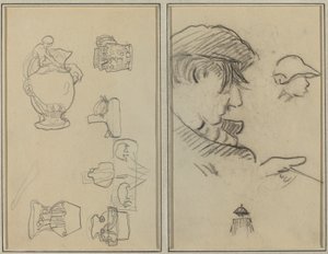 Testi ve Vazo Çalışmaları; Bıyıklı Bir Adam ve Şapkalı Bir Çocuk [rekto] by Paul Gauguin