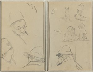 Biri Gözlüklü Erkek Kafaları Üzerine Üç Çalışma; Profilde Köpekler, Çocuklar ve İki Sakallı Adam [verso] by Paul Gauguin