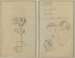 İki Figür ve Bir Bank; Erkeklerin Kafaları ve Bir Elin Üç Çalışması [rekto] by Paul Gauguin