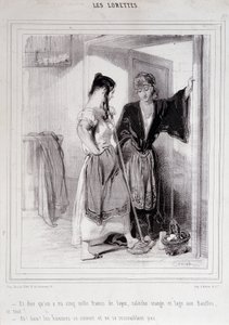 2 zavallı kadın merdivenlerde erkekler hakkında sohbet ederken, “Les Lorettes”, Gavarni, c. 1840. by Paul Gavarni