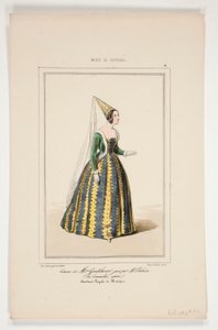 Madam Dabadier tarafından oynanan Mme Gondelaurier kostümü. by Paul Gavarni