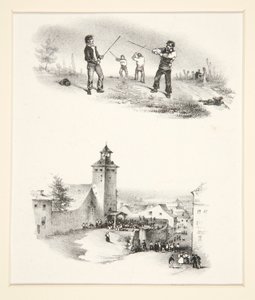 İki konu: Çifte düello; Bir kilisenin önünde kalabalık by Paul Gavarni