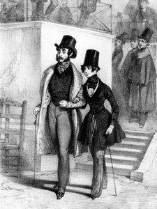 George Sand (sağda) öğrenci kılığında ve sevgilisi Jules Sandeau Paris'te, c. 1831, Paul Gavarni'nin gravürü (1804-1866)