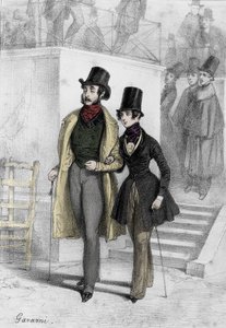 Yazar George Sand'in (1804-1876) portresi Aurore Dupin, Baronne Dudevant, Paris'te öğrenci, çocuğa giyinmiş Paul Gavarni tarafından çizim (1804-1866)