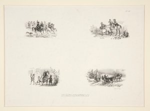 Dört denek: Bir süvari; Dört çocuk; Küçük Bir Çocuğu Taşıyan Köylü Kadın; Gezginler by Paul Gavarni