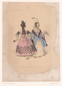 balo elbiseli iki kadın Transvestissemens Originaux pour les Bals de 1834 (nesne üzerindeki başlık) Yaratıcı giysiler (seri başlığı) Fanteziler (nesne üzerinde dizi başlığı) by Paul Gavarni