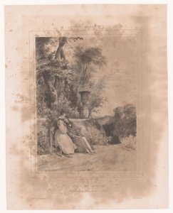 Bir bahçede bir bankta hasta sevgilisi olan kadın Avant de mourir (nesne üzerindeki başlık) by Paul Gavarni