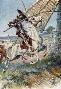 Don Quixote running his lance into the sail 
