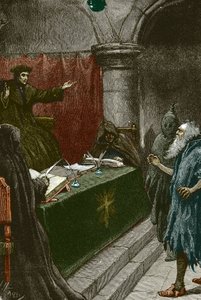 İspanya Yahudilerinin Engizisyonu ve Kovulması: Elhamra Kararnamesi'nin yayınlandığı sırada 1492 civarında Büyük Engizisyon Mahkemesi önünde bir İspanyol Yahudisi - Paul Hardy'nin İllüstrasyonu 1891 Büyük Engizisyon Mahkemesi önünde İspanyol Yahudi