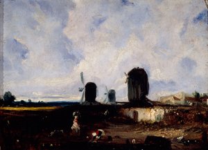 Montrouge ovalarındaki yel değirmenleri, 1820 dolayları (tuval üzerine yağlıboya) by Paul Huet