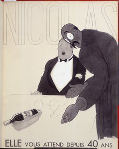40 yıldır sizi bekliyor Bir restoranın garsonu bir şişe şarap tasarlayarak müşteriye hitap ediyor. - Paul Iribe (1883-1935) tarafından çizilen Nicolas için reklam by Paul Iribe