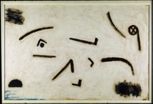 İsimsiz (siyah zemin üzerine işaretler), C.1940 (kağıt üzerine renkli ve yapışkanlı) by Paul Klee