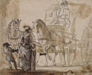 Bir Araba ve Çift, Coachman ile (kağıt üzerinde beyaz ile yükseltilmiş gri ve kahverengi yıkama) by Paul Sandby