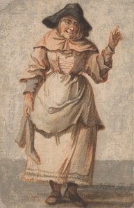 Gülümseyen ve sol eliyle işaret eden yaşlı bir pazarcı kadın by Paul Sandby
