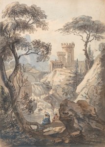 Kale, Cascade ve Anglers ile İtalyan Manzarası by Paul Sandby