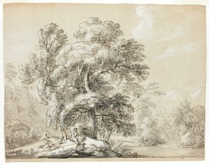 Nehir Kenarında Ağaçların Altında Oturan Adam ve Köpek by Paul Sandby