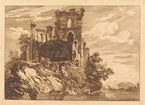Teknede Bir Adamla Nehir Kenarındaki Harabeler by Paul Sandby