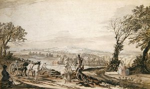 Bir nehir vadisinin üzerinde bir yol kenarında dinlenen gezginler (kalem, tükenmez kalem ve mürekkep, mürekkep yıkama ve kağıt üzerine sulu boya) by Paul Sandby