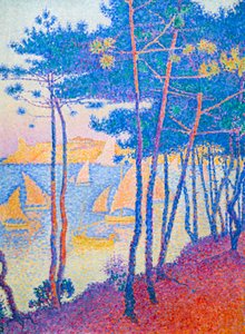 Yelkenli tekneler ve çam ağaçları, c. 1896 (tuval üzerine yağlı boya) by Paul Signac