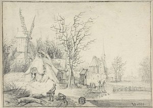 Yel Değirmeni ve Kilise ile Köy by Paul Theodor van Brussel