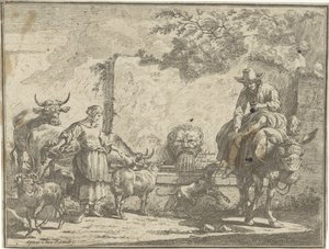 Vrouw en een man op een ezel bij een waterbron Pastorale landschappen (series title) by Paul van Somer (II)