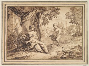 Putto ile Sütunun Altında Oturan Kadınlar by Paul van Somer
