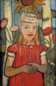 Ayçiçeği önünde kırmızı elbiseli kız, 1907. by Paula Modersohn Becker