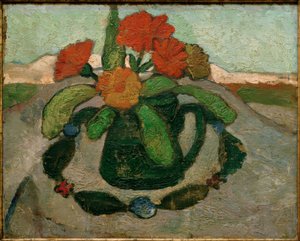 Bir manzara önünde kadife çiçeği ile natürmort by Paula Modersohn Becker