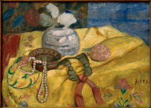 Sarı bir battaniye ve çiçekli bir zencefilli tencere ile natürmort by Paula Modersohn Becker