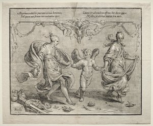 İki alegorik kadınla aşk tanrısı dansı by Paulus Moreelse