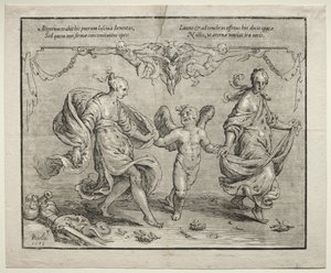 İki alegorik kadınla aşk tanrısı dansı, 1612. by Paulus Moreelse